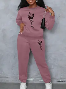 Women's Letter Print Casual Loose Fit Sportswear Set, Round Neck Long Sleeve Pullover with Pants, Comfortable Daily Wear, Sweatsuit Sets