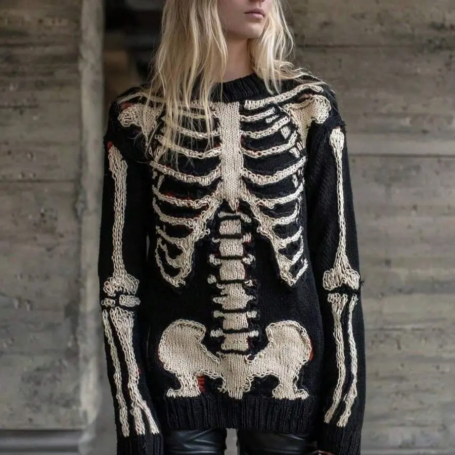 LAMINA Skeleton Knit Sweater Oversized Halloween Bones Graphic Pullover Punk Alt Distressed Jumper Streetwear Vintage O-Neck Black Top