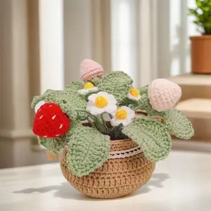 DIY Flower Potted Crochet Kit with Video Tutorials Artificial Small Potted Plants Wear Resist Hand Woven Knitting Kit for Home Room Decor Desktop Ornament