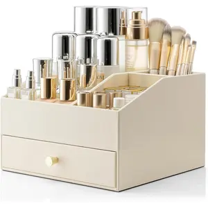 Makeup Organzier,Vanity Organizer with Drawers, PU Leather Skincare Organizer Perfume Organizer,Large  Display Case for Lipstick,Brushes Gifts for Women-Beige