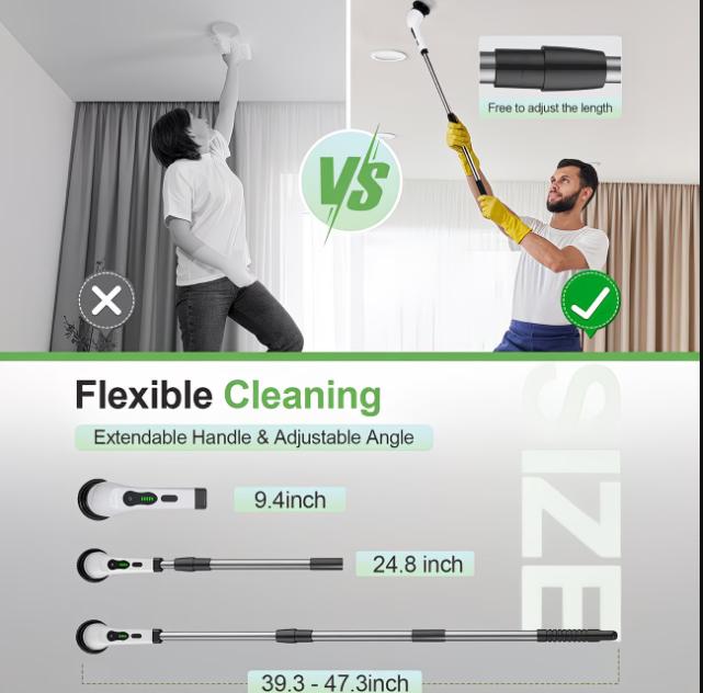 Electric Rotating Scrubber, Cordless Cleaning Brush, LED Power Display, with 9 Replaceable Brush Heads, 2H Dual Speed Power, Adjustable Extension Handle, IPX7 Waterproof, Suitable for Floors, Furniture, Bathrooms, Kitchens, Cars, And Interiors, Etc.