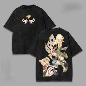 Retro Vintage Fairy Tail Washed Cotton T-Shirt Anime Graphic Tee Japanese Streetwear Y2K Style Oversized Shirt Gift for Fans 100% Premium Cotton 220gsm Softness Durability Relaxed Fit S-5XL Sizes - Menswear, Fabric