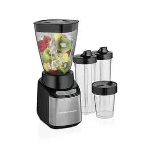 Hamilton Beach MultiBlend Smoothie Blender with 4 Shatterproof BPA Free Jars and Lids; Large 32oz Jar, 8oz Grinder for Nuts & Spices, and 2 Portable Travel Cups, 650 Watts, Black and Stainless (52400)