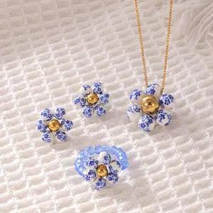 Vintage Blue and White Porcelain Jewelry Set for Women Includes Necklace Earrings and Ring Perfect for Daily Wear Elegant Retro Style Fashion Accessory Gift Idea
