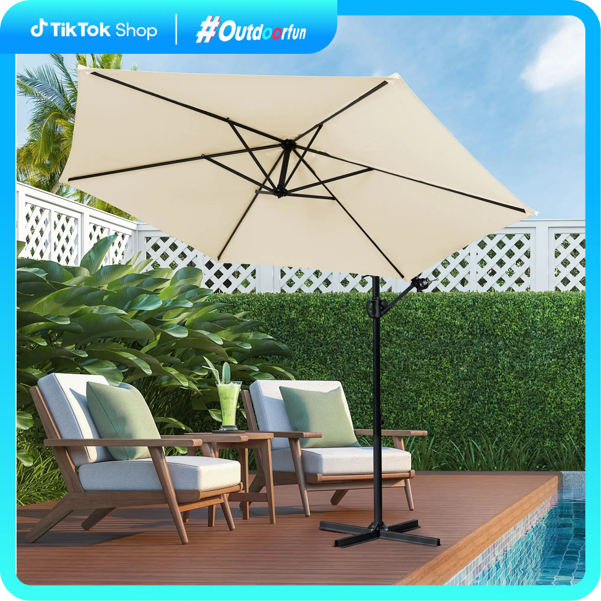 Walsunny Outdoor Patio Umbrella with Based, 9ft Offset Hanging Patio Offset Umbrella w/Easy Tilt Adjustment, Cantilever Hanging Shade for Poolside
