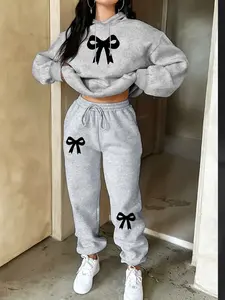 🔥Black Bow Graphic Hoodie & Joggers Fitted Set | Gray Streetwear Loungewear with Girly Print | Trendy Outfit for Y2K Fans & Comfort Seekers | Cozy & Stylish Womenswear