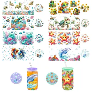 3 Sheets marine animals UV DTF Cup Wraps - 3 Sets Decals for 16oz Glass Cups, Includes Lid Stickers Top/Bottom, 12.32x4.33 Inch DIY Transfer Stickers, Decorative Stickers, Gift Decor for Coffee Mugs & Tumblers, Sticker Packs