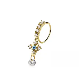 Blue CZ Crystal Arrow Cross with Dangling Gem Bendable Nose Ring - 316L Stainless Steel