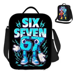 Funny Blue Black Color Block "67" Number Robot Lightning Pattern Lunch Box Bag Meme Insulated Thermal Bag Suitable for Home Restaurant Office Outdoor Picnic Unisex Portable Reusable