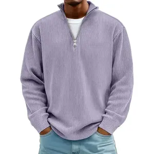 Men's Stylish Quarter-Zip Corduroy Ribbed Polo Sweatshirt Sweatshirts, Knitted Pullovers, Stand-Up Collar Sweaters