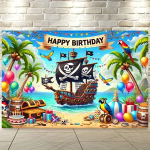 Pirate Theme Birthday Backdrop Banner, Coconut Tree Balloons Gifts Sailboat Design, Party Decoration, Photography Background, Holiday Celebrations