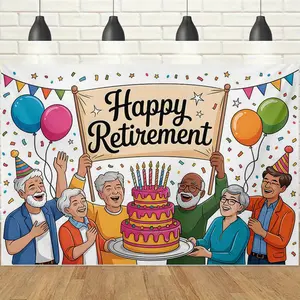 1pc 2D Happy Retirement Banner, Cartoon Elderly Group & Birthday Cake Design, Cheerful Festive Vibe, HD Print, Perfect for Retirement Party / Farewell Banquet & Senior Celebration Event Decor Backdrop