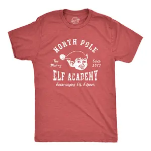 Mens North Pole Elf Academy T Shirt Funny Christmas Party Santas Helpers Tee for Guys Mens Funny T Shirts Cool Vintage Fashion T-Shirt Gift Classic Menswear Christmas Apparel for Men Novelty Tees for Guys Red - Elf