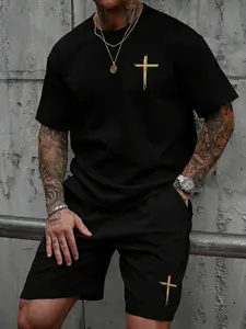 Men's Summer Plus Size Two-Piece Set, Created with a Purpose Casual T-Shirt & Shorts, Gold Cross Print, Fitted Short Sleeve