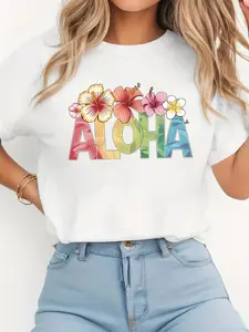 100% Cotton [Hawaiian ALOHA Tee] Women's Hawaiian ALOHA Graphic T-Shirt - Tropical Floral & ALOHA Text Print, Lightweight Crew Neck Casual Everyday Summer Beach Party Outfit - Hawaiian Vacation Tee Gift for Women, Hawaiian Theme