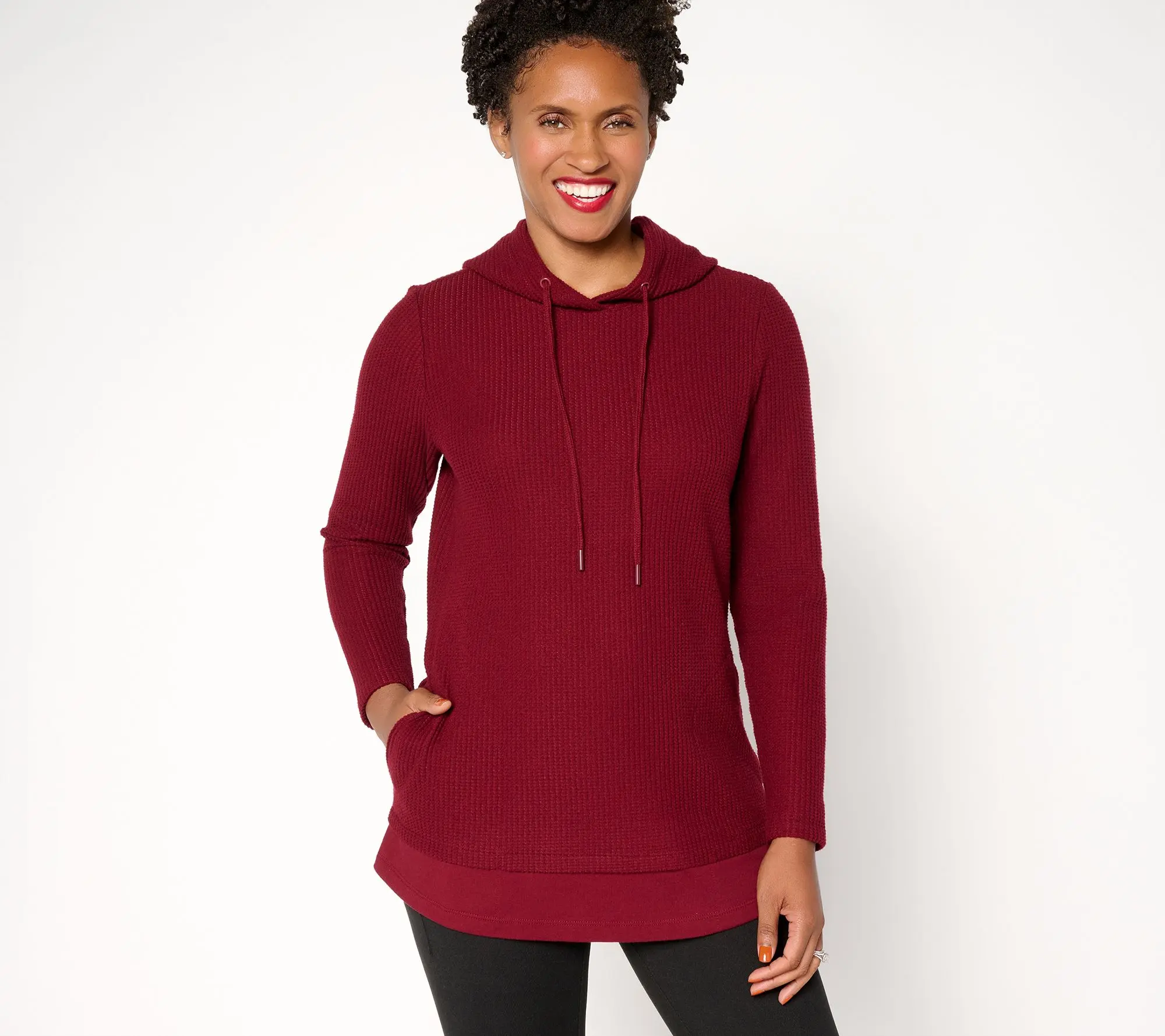 Denim & Co. Active Waffle Knit Mixed Media Hooded Pullover