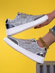 Women's New Casual Shoes, Sneakers, Flat Sole, Rhinestone Design, Trendy Fashion Versatile, Low Top Laces, Thick Sole Height Increase, Walking Shoes