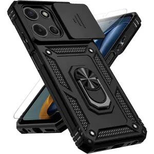 Case For Moto G 2025, with Slide Camera Cover HD Screen Protector [16ft. Drop Tested] Magnetic Ring Holder Kickstand Protective Phone Case For Moto G 2025, Black