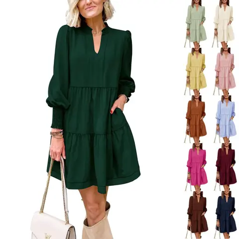 FMEYOA Womens Fall Long Sleeve Tunic Dress Casual V Neck Loose Ruffle Tiered Dress
