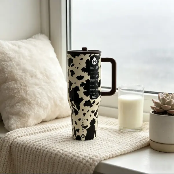 HydroJug 40oz Stylish Cow Print Tumbler with Handle - Leak-Proof Insulated Stainless Steel Water Flask, 24-Hour Cold Retention, Travel Vacuum Drinkware for Outdoor Sports Gym, Flasks