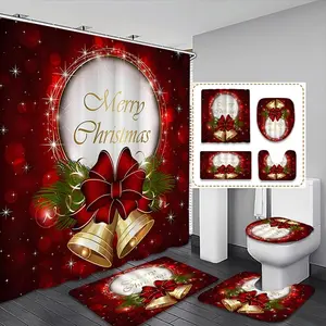 1/4pcs Christmas Bell & Bow Print Shower Curtain Set, Includes Bath Mat, U-Shaped Toilet Pad, Perfect Holiday Bathroom Decor Gift