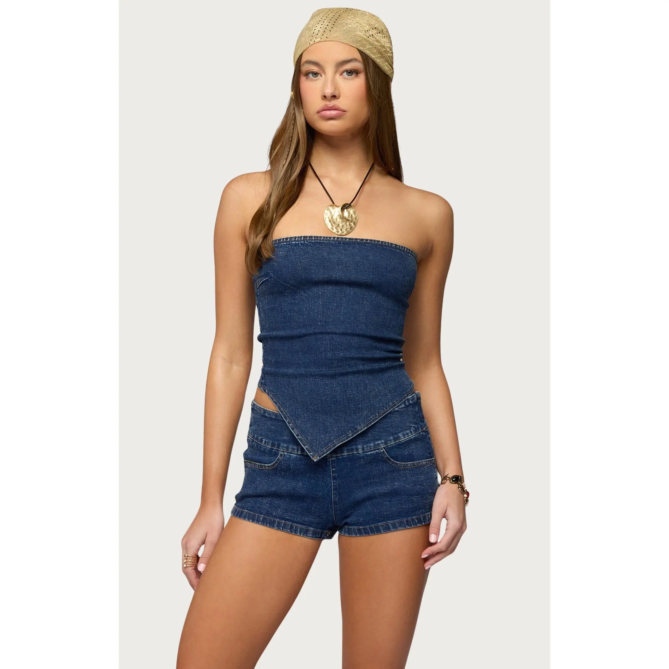 Edikted Women's Zaida Asymmetric Denim Strapless Top