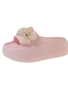 Water Drill Bow Thick Sole Sandals, 5cm Heel Boost, Fairy Style Flip Flops, Comfortable Summer Footwear, Trendy Women's Shoes