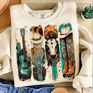 Western Cowgirl Sweatshirt, Cowboy Boots Shirt, Cowprint Sweater, Western Turquoise Sweatshirt, Sunflower, Country popular now, Trendy Western Sweatshirt