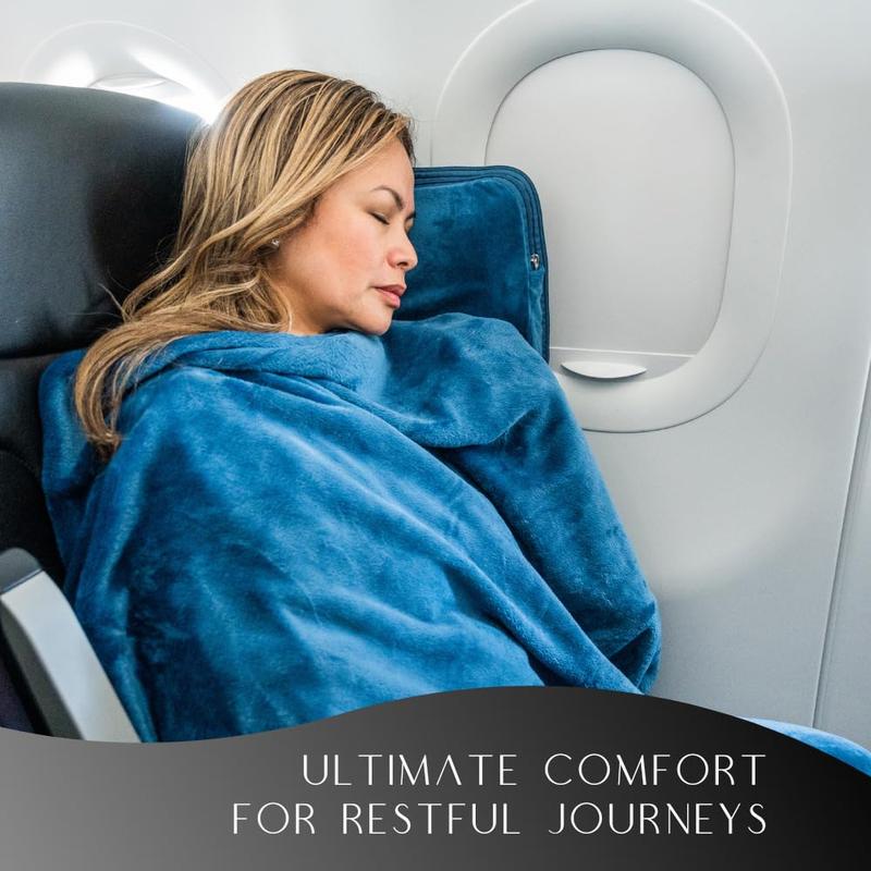 Travellow Travel Pillow and Blanket Set - 4-in-1 Ultimate Travel Kit with Memory Foam Pillow, Travel Blanket, Sleep Mask, and Earplugs-Ultimate Comfort and Coziness for Your Journeys - Blue