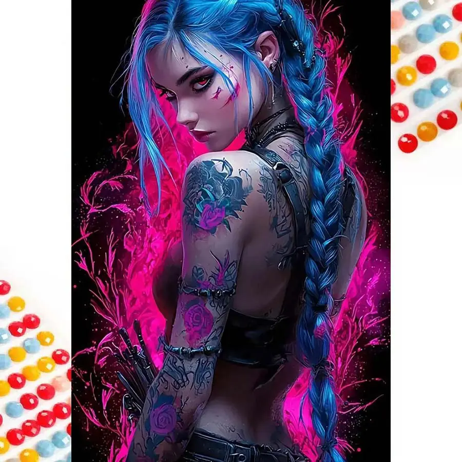 5D DIY Full Drill Round Diamond Painting - Diamond Painting Kit Blue Braids, Pink Glow. Mosaic Canvas DIY Wall Art, Home Wall Decoration.