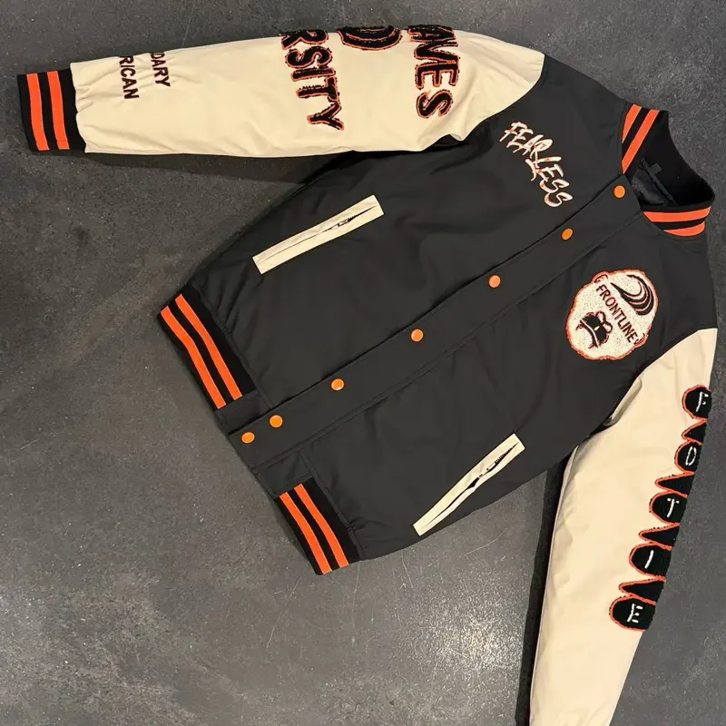 Frontline Letterman Jacket - Black with Orange Stripes, Logo, and Lettering, Classic Design for Men's Coats - Menswear