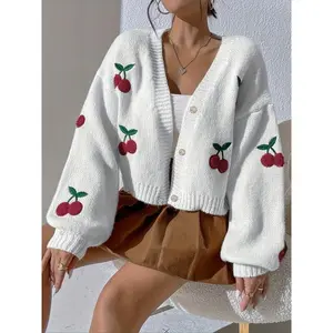 Women's V Neck Cherry Print Sweater Cardigan, Casual Long Sleeve Knitwear, Spring & Fall Fashion, Ladies' Clothing