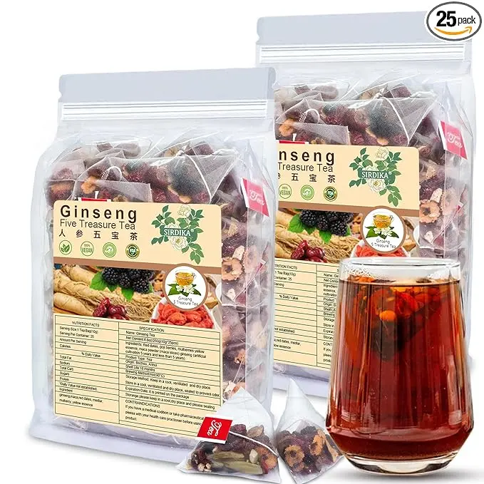 Ginseng Five Treasures Herbal Tea with Ginseng, Mulberry & Red Date, Natural Herbal Tea Bags, 2 Pack (50 Tea Bags), Caffeine Free Beverage