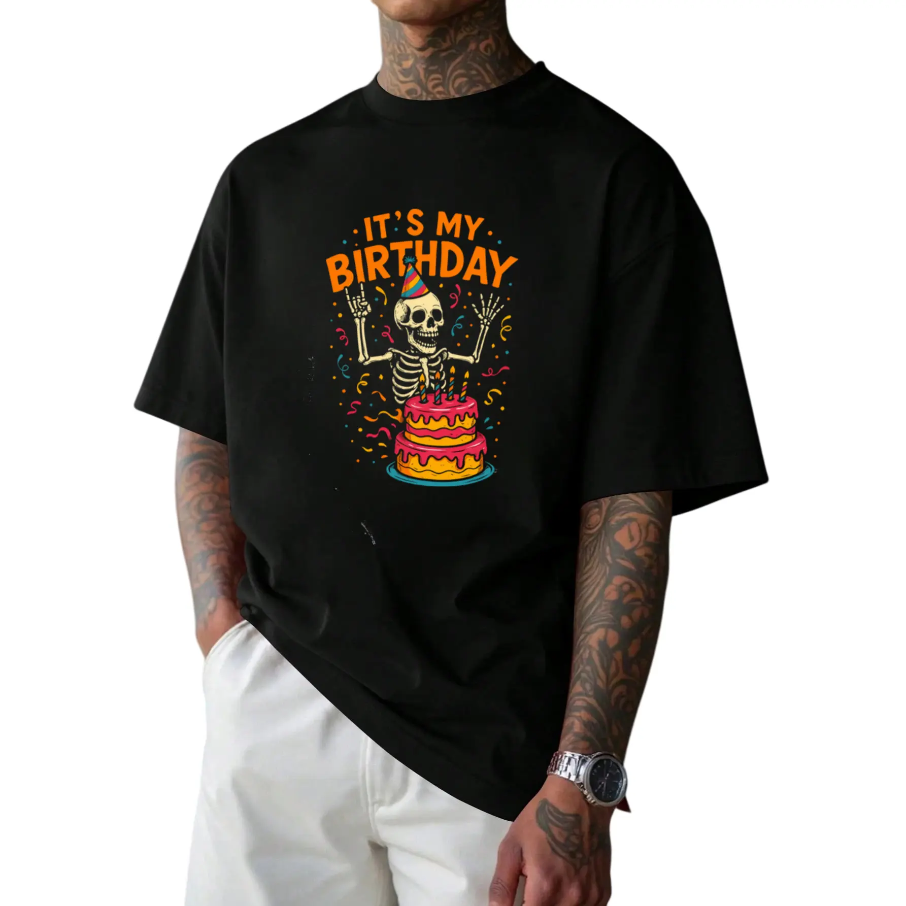 Men' Its My Birthday & Halloween Skeleton T-Shirt - Retro Birthday Suit for Year-Round Wear, Short Sleeve Round Neck Casual Shirt with Random Skeleton Print, Male Outfits for Birthdays & Themed Events