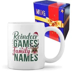 Personalized Family Name Christmas Cup, Dual-Sided Print, Holiday Reindeer Game Design, Custom Gift for Friends and Family