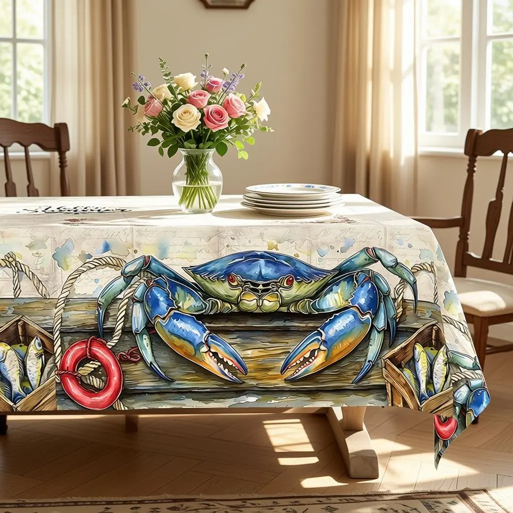 Washable Polyester Summer Tablecloths - White & Yellow Crab, Clay Pot, Basket Prints - Round, Rectangular, Oval Shapes - Clearance for banquets, restaurants, parties, festivals, outdoor use and birthdays