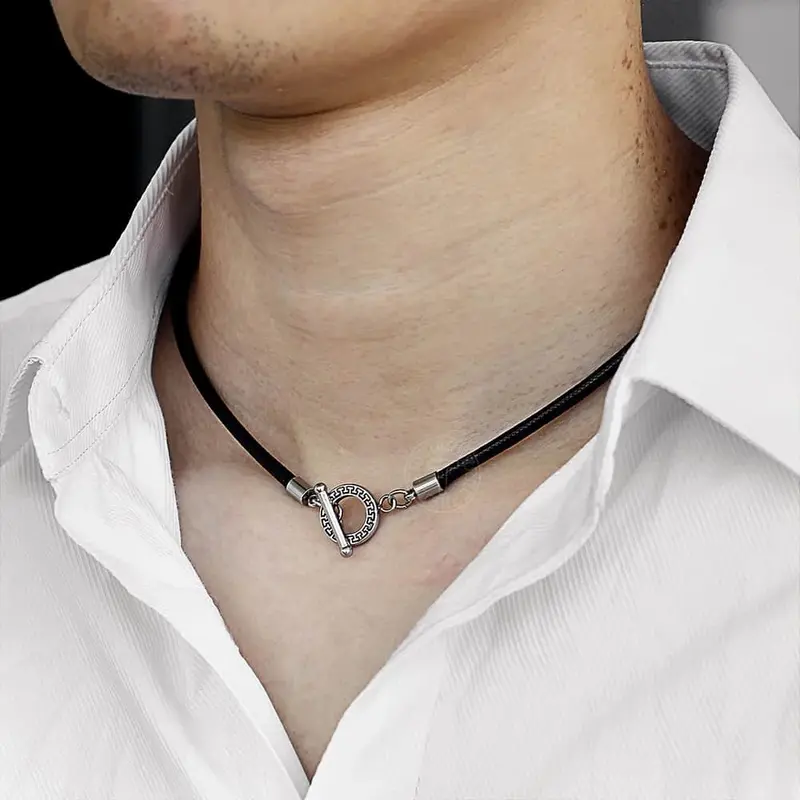 Hermah 4mm Simple Black Man-made Leather Necklace for Men Braided Rope Unique Toggle Clasp Fashion Gifts