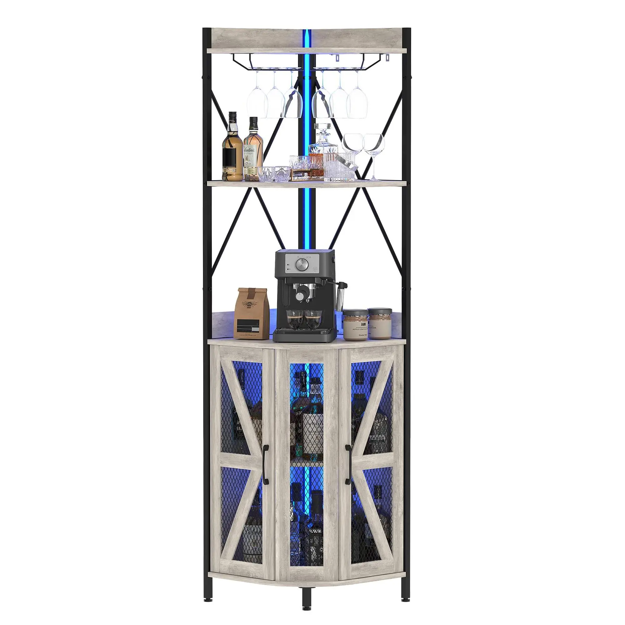 Garvee 4-Tier Corner Wine Rack - Freestanding, Foldable Industrial Metal Bar Cabinet with Wine Storage Shelf and Bottle Glass Holder, Tall and Narrow Design for Small Spaces in Living, Dining, or Kitchen