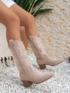 Women's Classic Embroidered Western Cowboy Boots, Vintage Floral Pattern, Chunky Wedge Heel Heightening Slimming, New Soft Slip-On V-Neck Velvet Pointed-Toe Boots