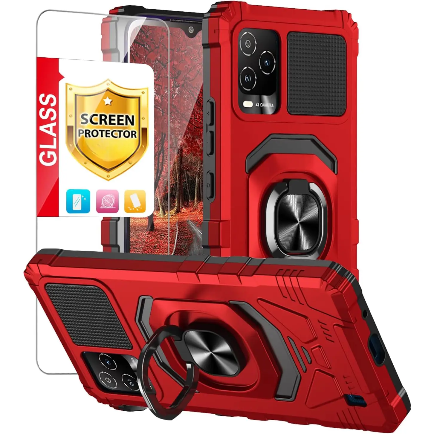 Compatible for BLU View 5 Pro B170D Case, with Tempered Glass Screen  Protector, Metal Ring Support Kickstand Heavy Duty Drop Protection Cover  Phone Case (Red) - TikTok Shop