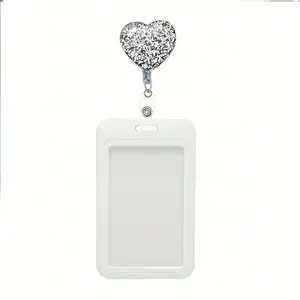 Shiny Heart-Shaped Retractable Badge Reel with ID Holder, Colorful Acrylic Name Tag Clip, Keychain Design, Perfect Gift for Healthcare Women