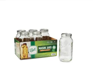 Ball Glass Mason Jar W/Lid & Band, Wide Mouth, 64 Ounces, 6 Count