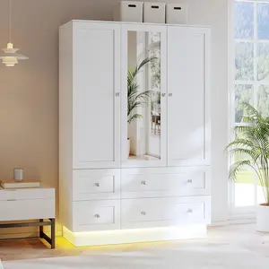 VOWNER 47" L Full-Size Freestanding Above-Ground Wardrobe - 3 Doors, Built-In Mirror, LED Lights, 4 Drawer Compartments, Hanging Rod, Giant Storage Indoor Armoire Closet, Built-In Mirrors Wardrobes, Drawer Compartments Wardrobes