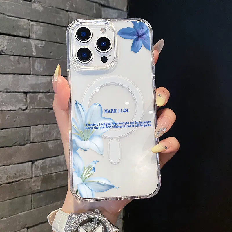 Magnetic Soft TPU Smartphone Cover - MagSafe Fit, Waterproof, Camera Protector, Lightweight, Scratch-Resistant, Magnetic Closure, Bible Verse & Lily Aesthetic, Multi-Model Electronic Accessories for iPhone 11/12/13/14/15/16/17 Pro Max