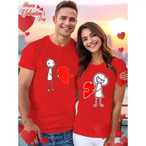 Couple'S Matching Cartoon Heart Puzzle Print Casual Sports T-Shirt for Spring And Summer, Featuring a Round Neck And Short Sleeves.