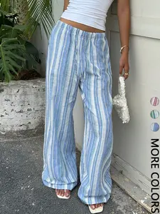 Women's  Striped   Drawstring Waist Casual Pants Suitable For Seaside Vacation Summer