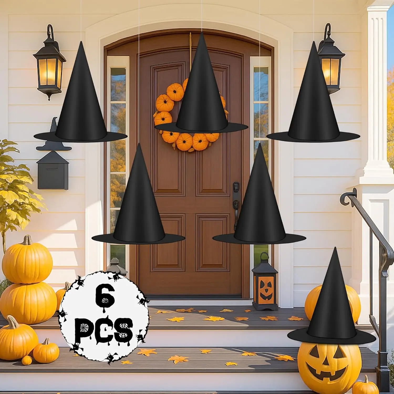 6 Pcs Halloween Witch Hats, Black Hanging Witches Hat with 98 Feet Hanging Rope, Witch Costume Accessories Floating Hats for Halloween Party Decor