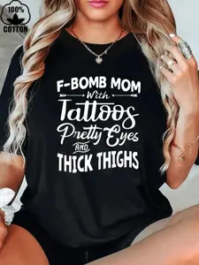 100% Cotton T-shirt For Men F-BOMB Mom With Tattoos Pretty Eyes And Thlck Thighs Women's Christmas Heavy Cotton T-Shirt Easter Gifts