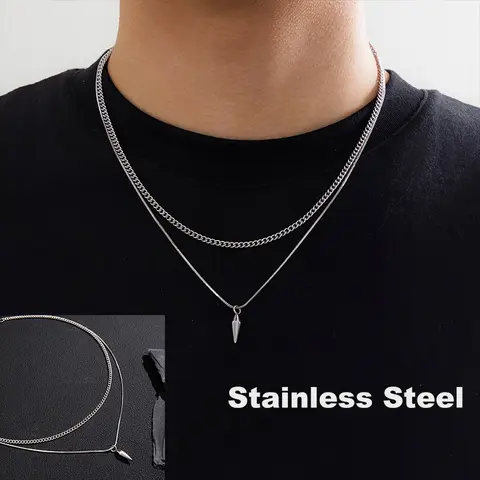 Minimalist Men's Stainless Steel Layered Necklace Hip Hop Style Chic Pointed Cone Pendant, Double Layer Silvery Adjustable Necklace Party Birthday Wedding Engagement Anniversary Jewelry