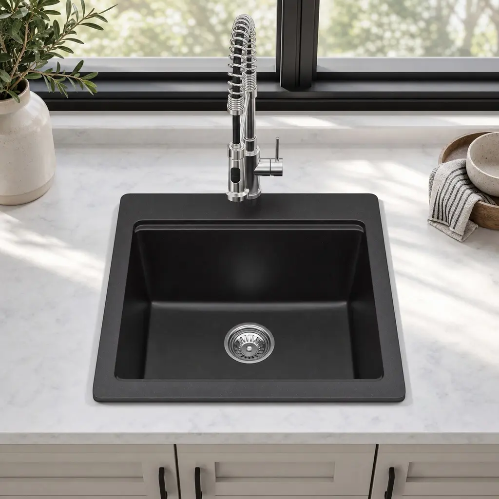 Quartz Composite Drop-In Workstation Kitchen Sink 21x20x9.625 Inches Black Granite Single Bowl Bar Prep Laundry Utility Sink with Cutting Board Roll-Up Rack Bottom Grid Strainer Basket for Kitchen Island, Black Color Options, Quartz Material